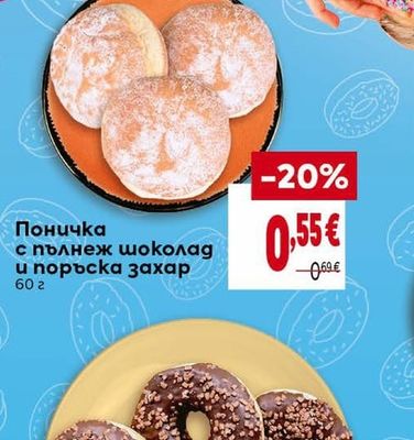 Поничка с пълнеж шоколад и поръска захар