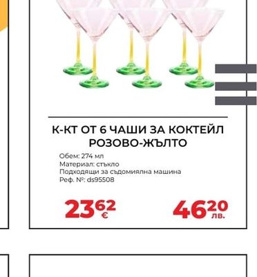 К-КТ ОТ 6 ЧАШИ ЗА КОКТЕЙЛ РОЗОВО-ЖЪЛТО
