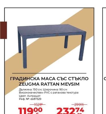 ГРАДИНСКА МАСА СЪС СТЪКЛО ZEUGMA RATTAN MEVSIM