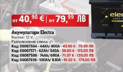 Electra Акумулатори Electra 44Ah/400A