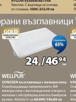 WELLPUR VONGSEN възглавница с мемори пяна