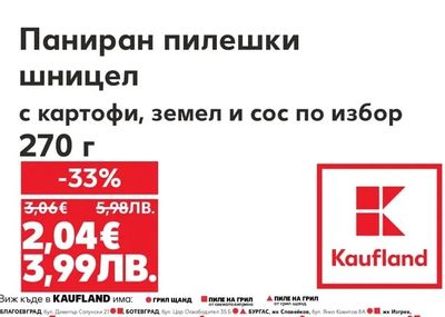 Паниран пилешки шницел с картофи, земел и сос по избор
