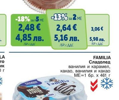 FAMILIA Сладолед ванилия и карамел, какао, ванилия и какао