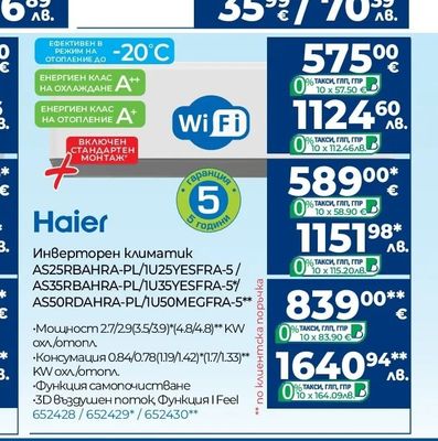 Haier Инверторен климатик AS25RBAHRA-PL/1U25YESFRA-5/ AS35RBAHRA-PL/1U35YESFRA-5/ AS50RDAHRA-PL/1U50MEGFRA-5**